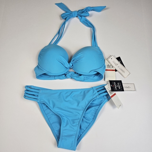Salt + Cove Women Juniors Blue Strappy Push Up Padded 2 Piece Bikini Set Size XS - Picture 2 of 14